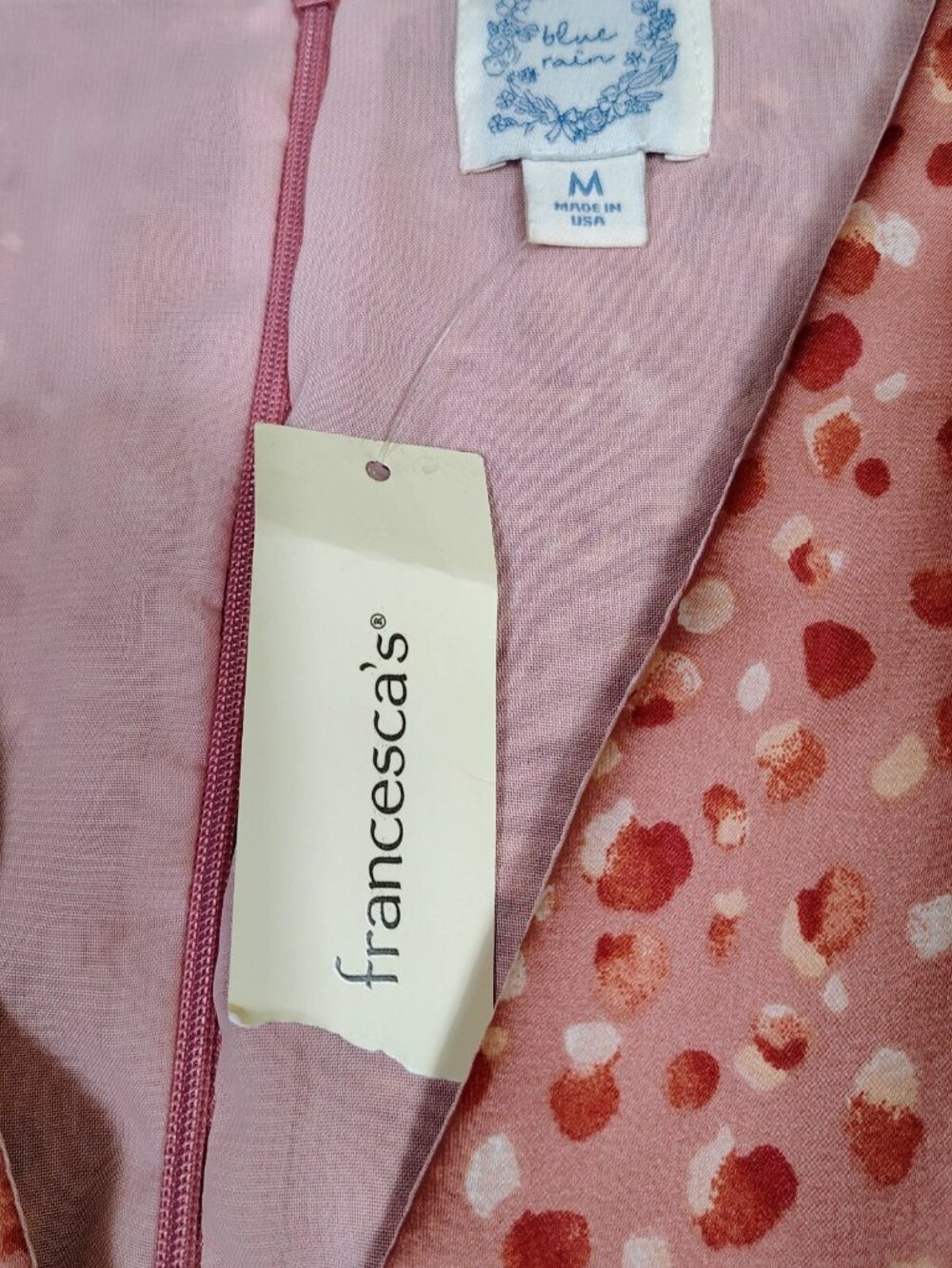 Francesca’s Blue Rain Mini Dress Women M Pink Dotted Print Satin Puff Sleeve NWT - Picture 2 of 11